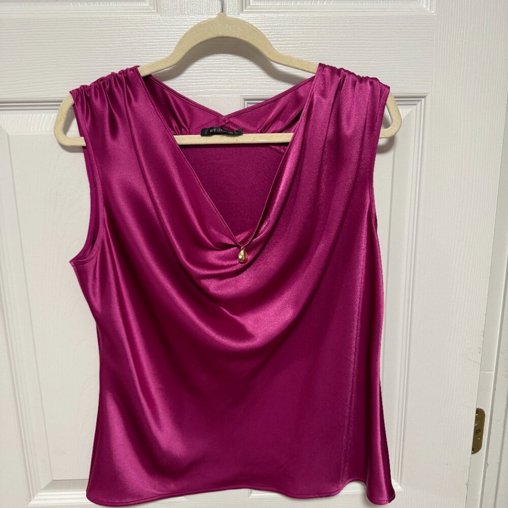 ST. JOHN Women's Satin Fuchsia Pink Jewel Blouse Tank 38 Inch Bust - Picture 7 of 14